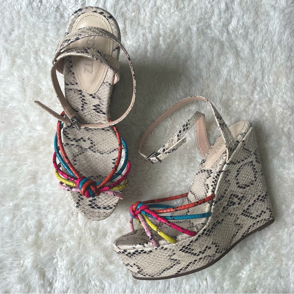 Schultz snakeskin rainbow strappy knot platform ankle wrap wedge sandal heel